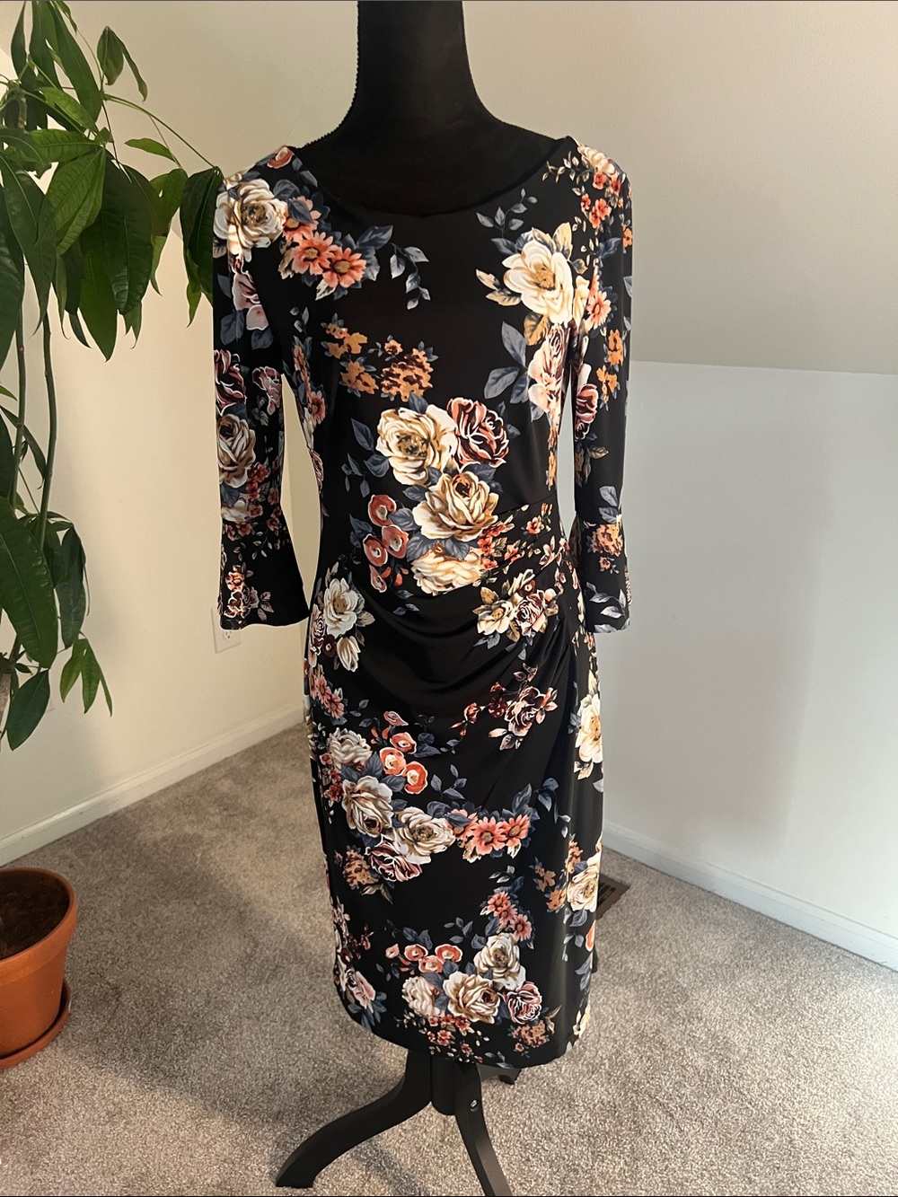 Black Floral Long-Sleeve Sheath Dress with Cream and Rust Blooms